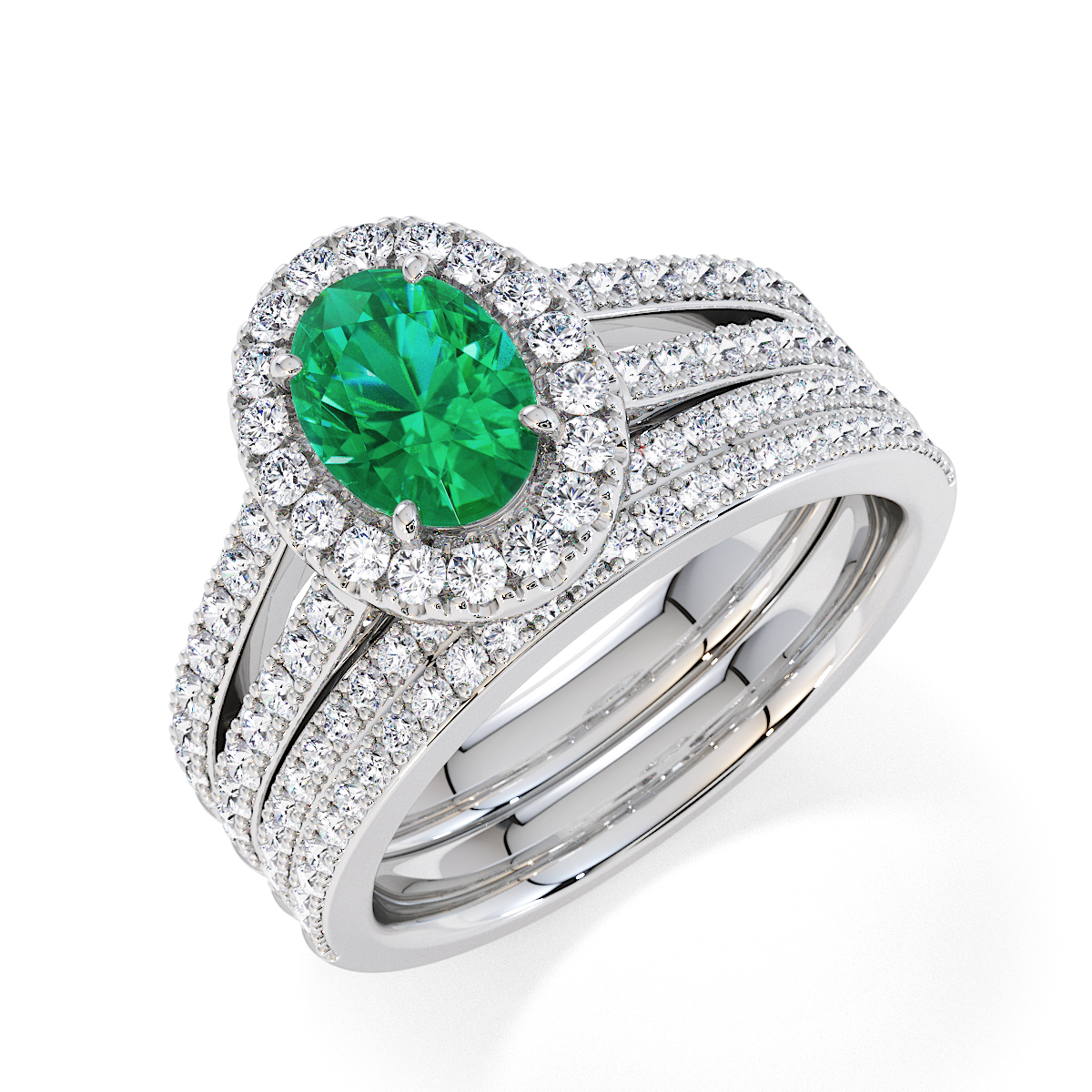 Oval Lab Emerald and Diamond Engagement Ring in Gold / Platinum