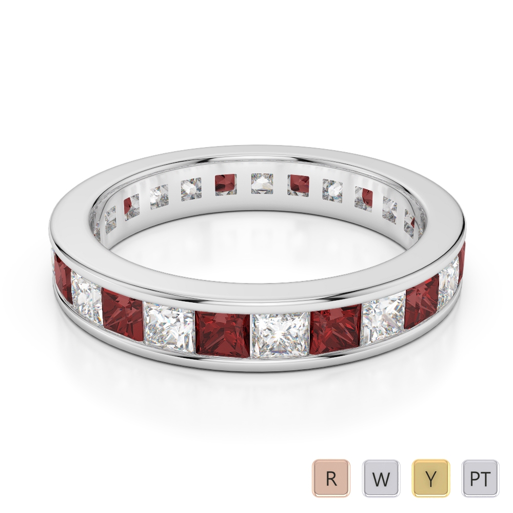 4 MM Gold / Platinum Princess Cut Garnet and Diamond Full Eternity Ring AGDR-1134