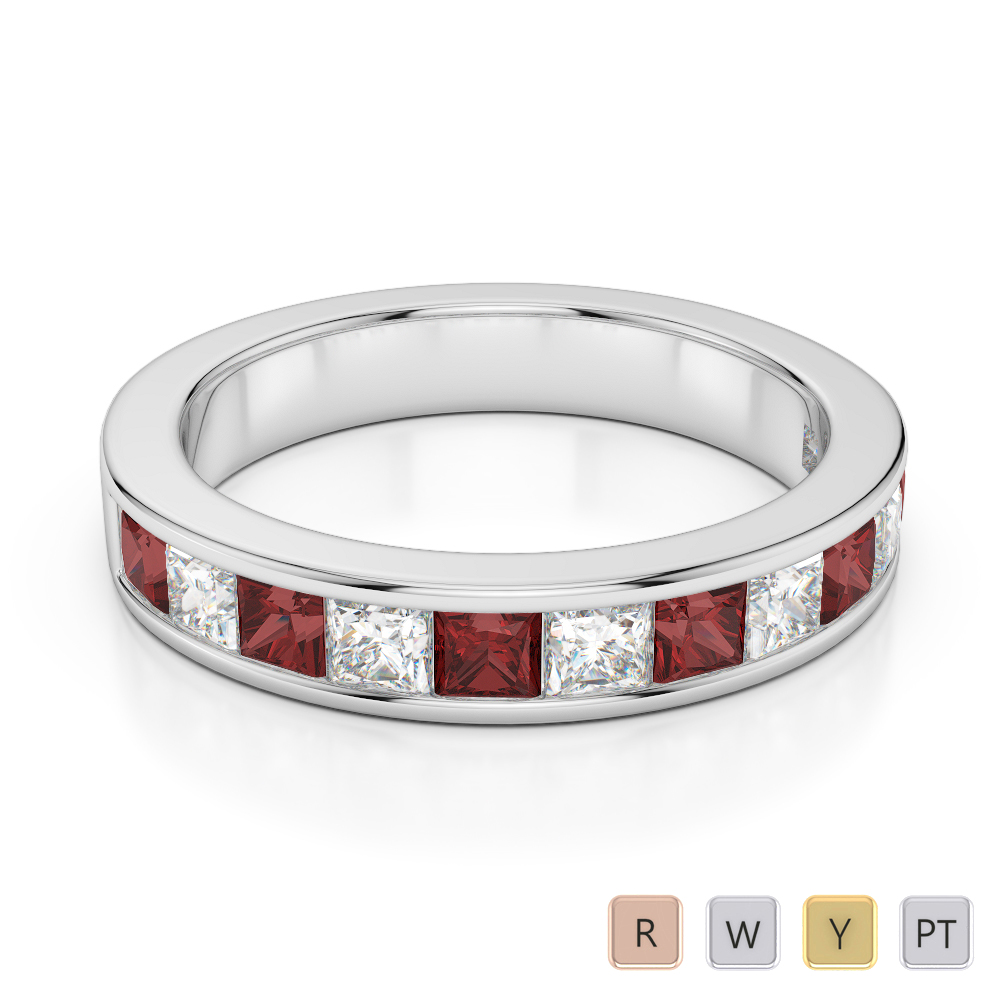 4 MM Gold / Platinum Princess Cut Garnet and Diamond Half Eternity Ring AGDR-1137