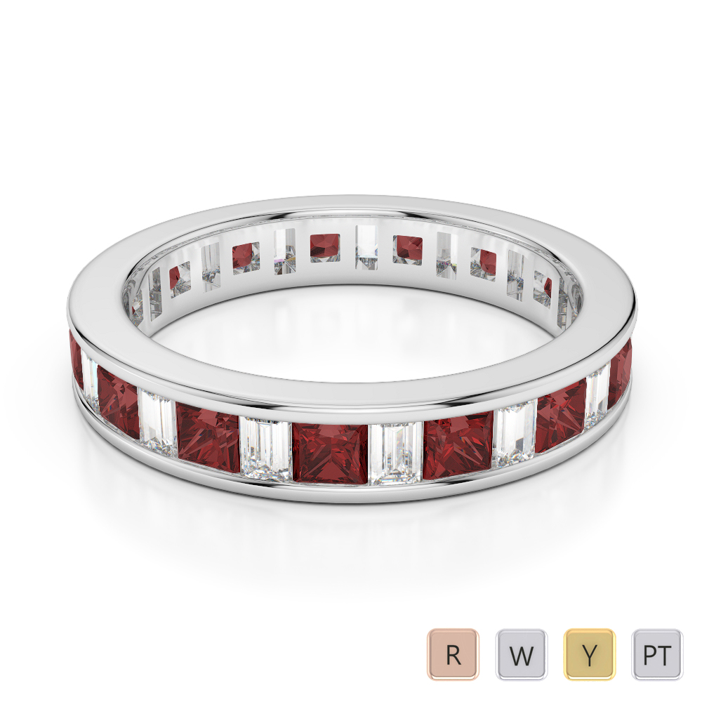 4 MM Gold / Platinum Princess and Baguette Cut Garnet and Diamond Full Eternity Ring AGDR-1141