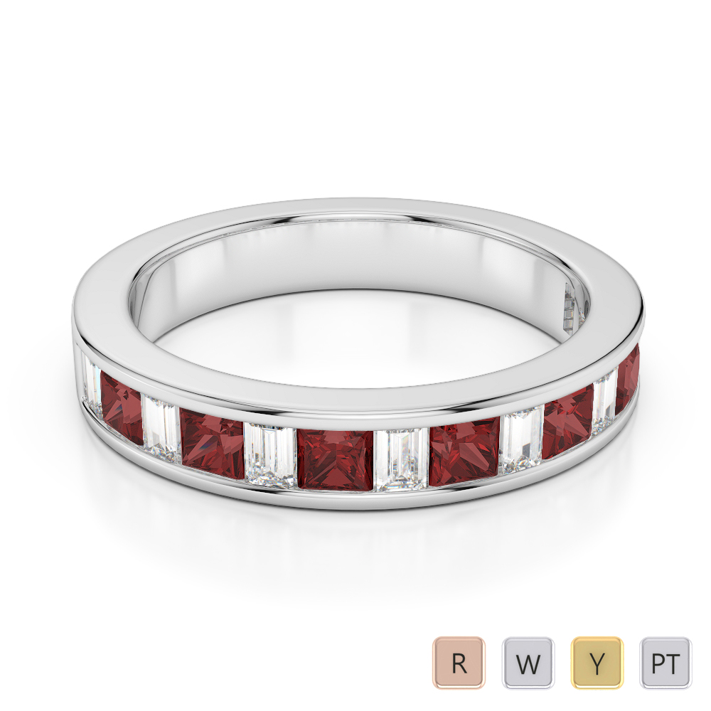 4 MM Gold / Platinum Princess and Baguette Cut Garnet and Diamond Half Eternity Ring AGDR-1143