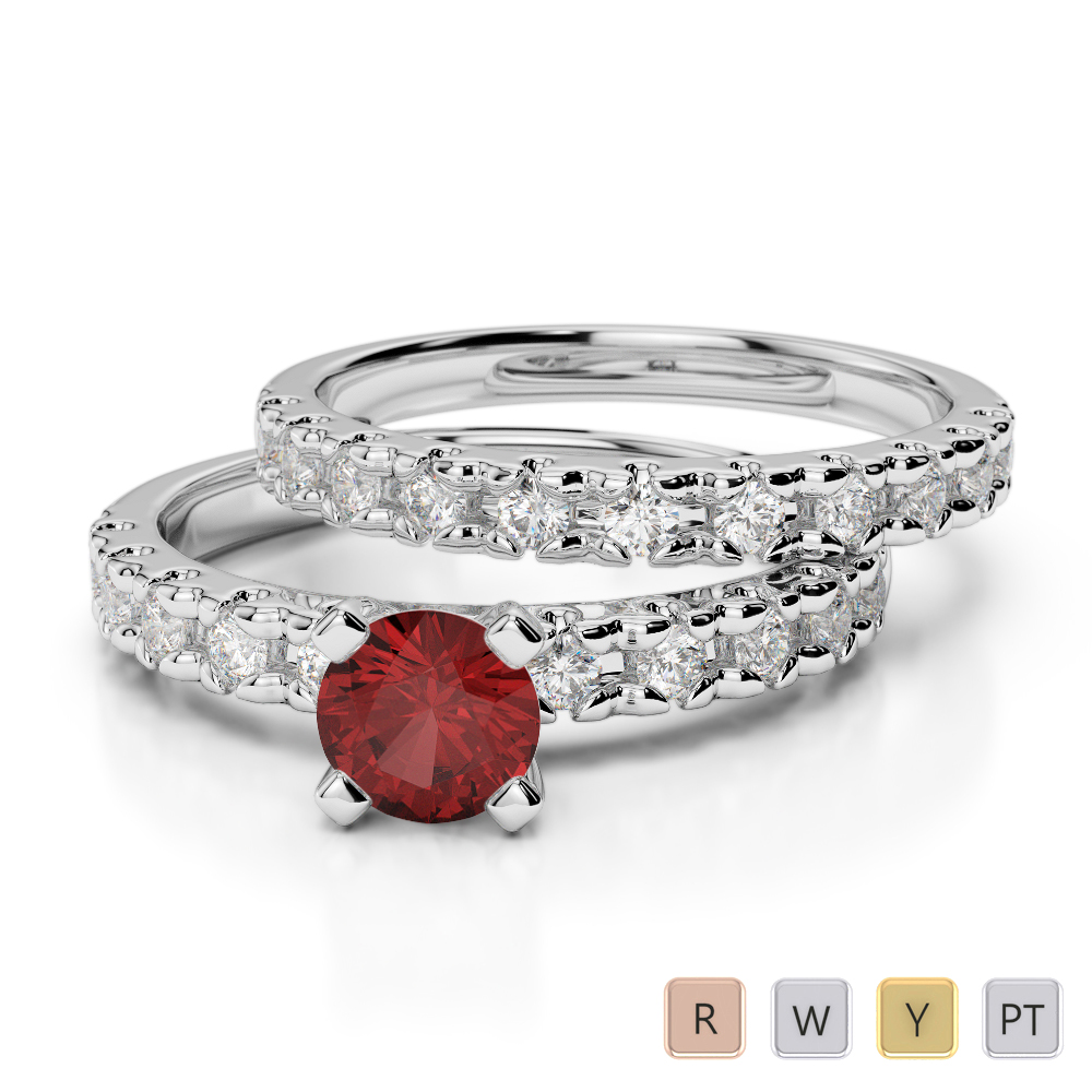 Gold / Platinum Round cut Garnet and Diamond Bridal Set Ring AGDR-1144