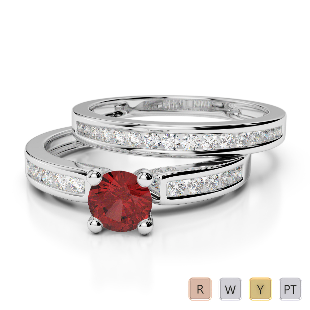 Gold / Platinum Round cut Garnet and Diamond Bridal Set Ring AGDR-1157