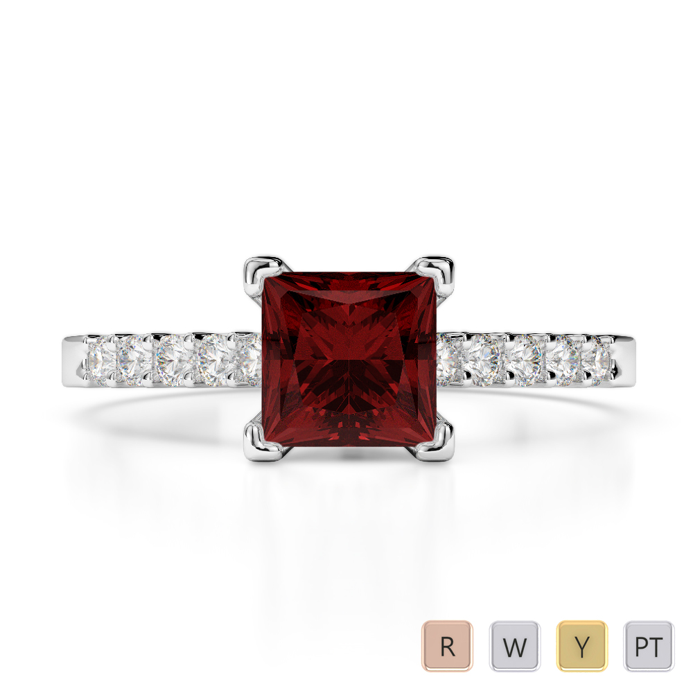 Gold / Platinum Round and Princess Cut Garnet and Diamond Engagement Ring AGDR-1210