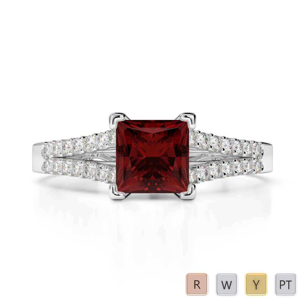 Gold / Platinum Round and Princess Cut Garnet and Diamond Engagement Ring AGDR-1211