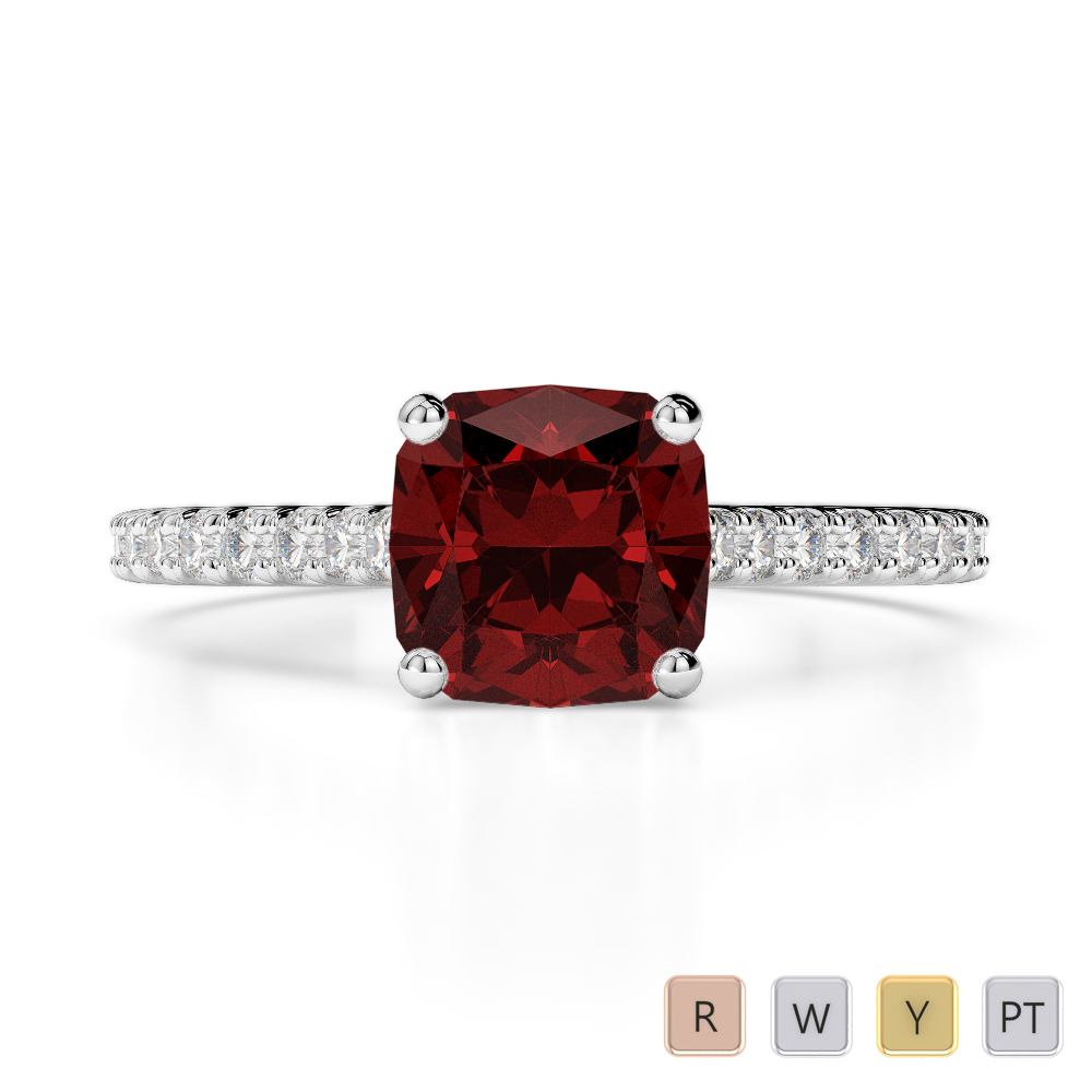 Gold / Platinum Round and Cushion Cut Garnet and Diamond Engagement Ring AGDR-1216