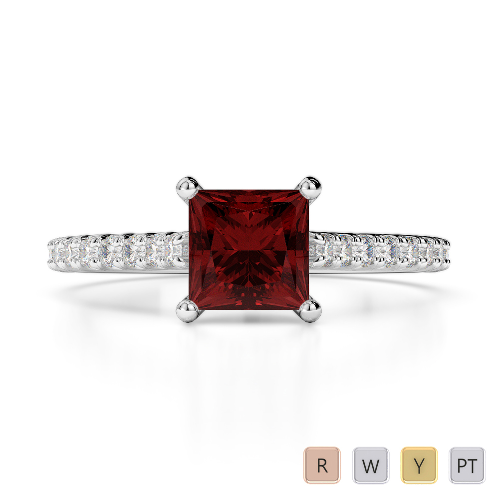 Gold / Platinum Round and Princess Cut Garnet and Diamond Engagement Ring AGDR-1217