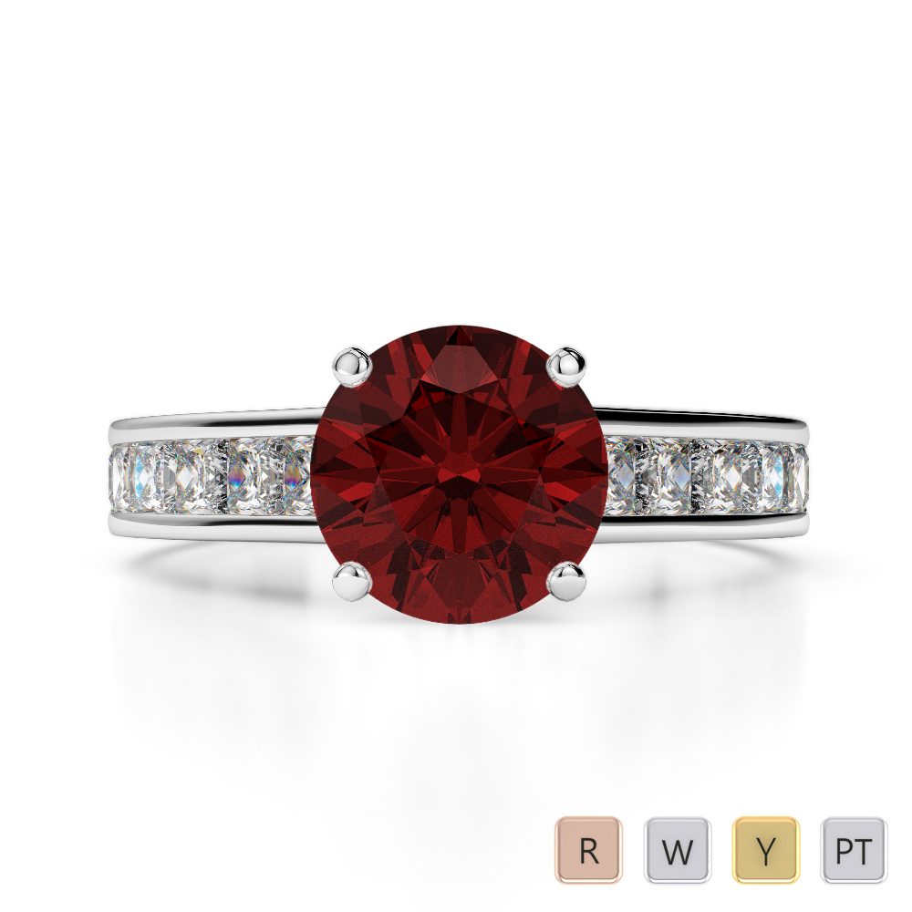 Gold / Platinum Round and Princess Cut Garnet and Diamond Engagement Ring AGDR-1224