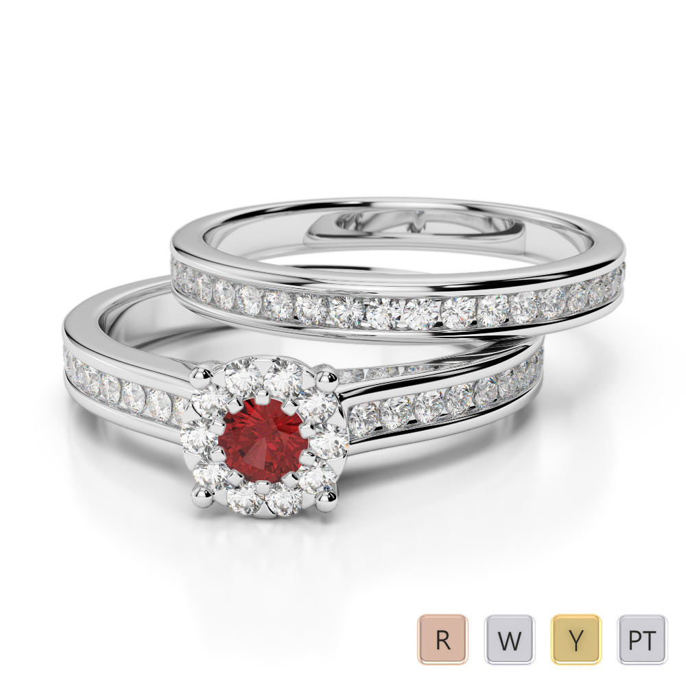 Gold / Platinum Round cut Garnet and Diamond Bridal Set Ring AGDR-1339
