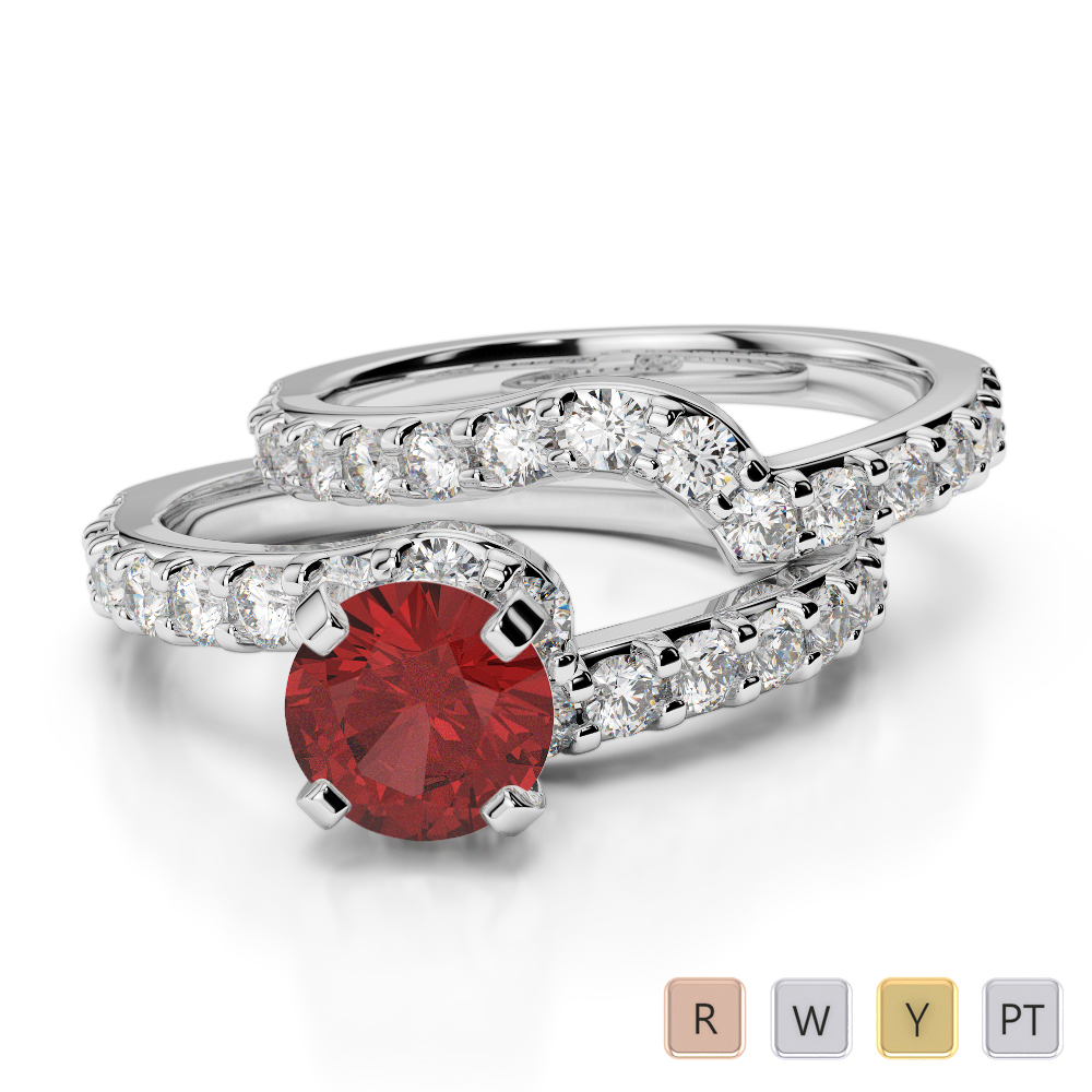 Gold / Platinum Round cut Garnet and Diamond Bridal Set Ring AGDR-2003