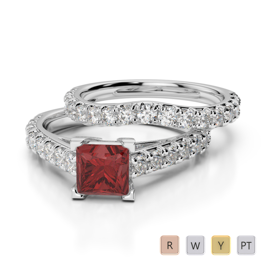 Gold / Platinum Round cut Garnet and Diamond Bridal Set Ring AGDR-2007