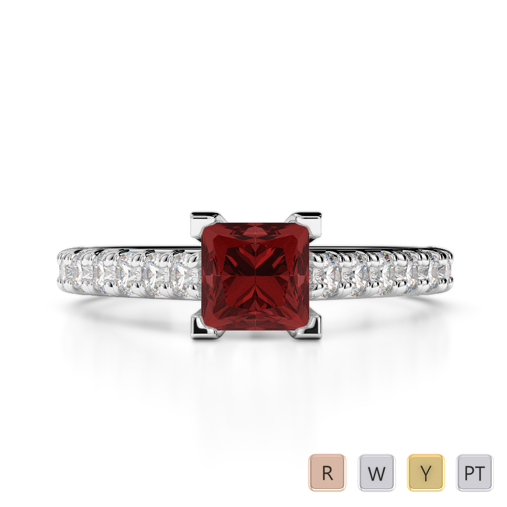 Gold / Platinum Round and Princess Cut Garnet and Diamond Engagement Ring AGDR-2008
