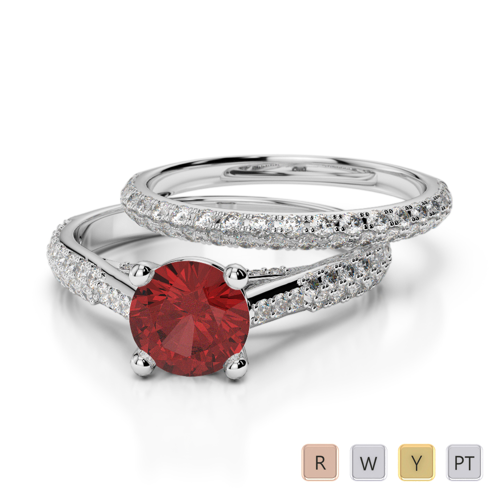 Gold / Platinum Round cut Garnet and Diamond Bridal Set Ring AGDR-2013