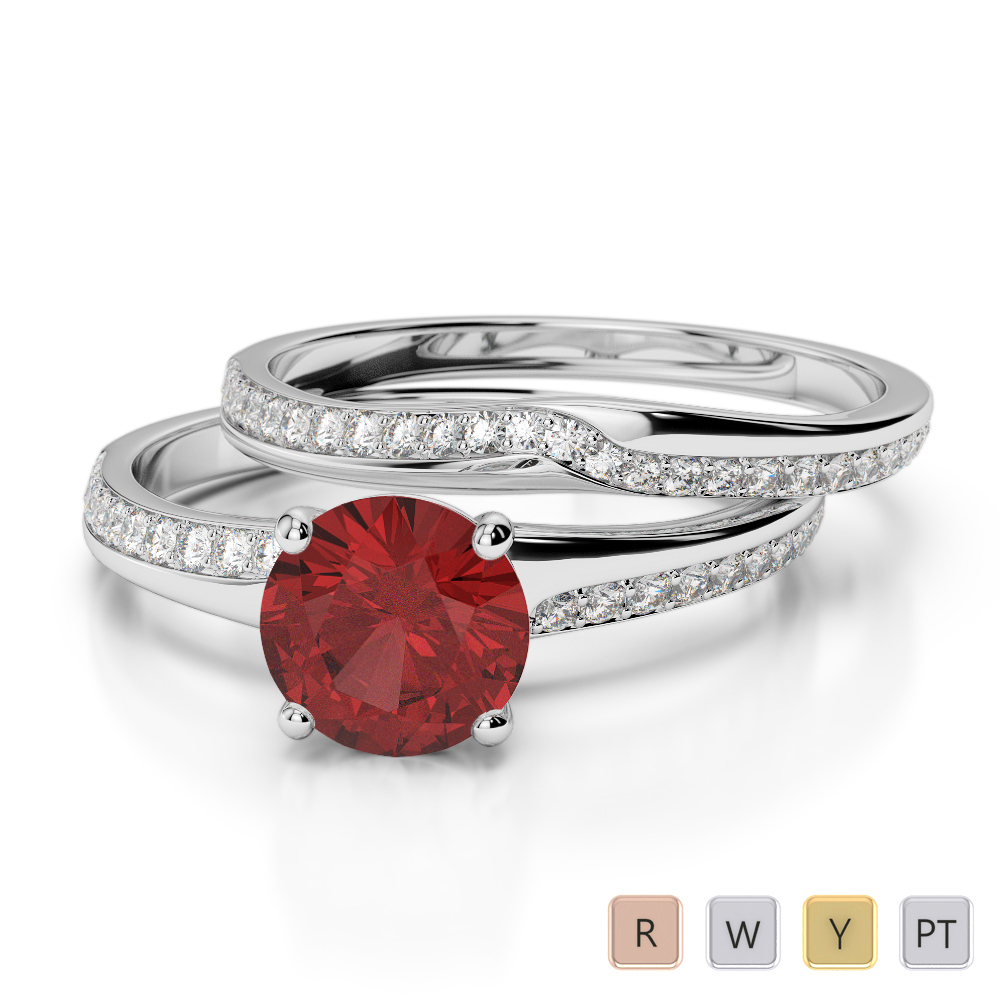 Gold / Platinum Round cut Garnet and Diamond Bridal Set Ring AGDR-2015