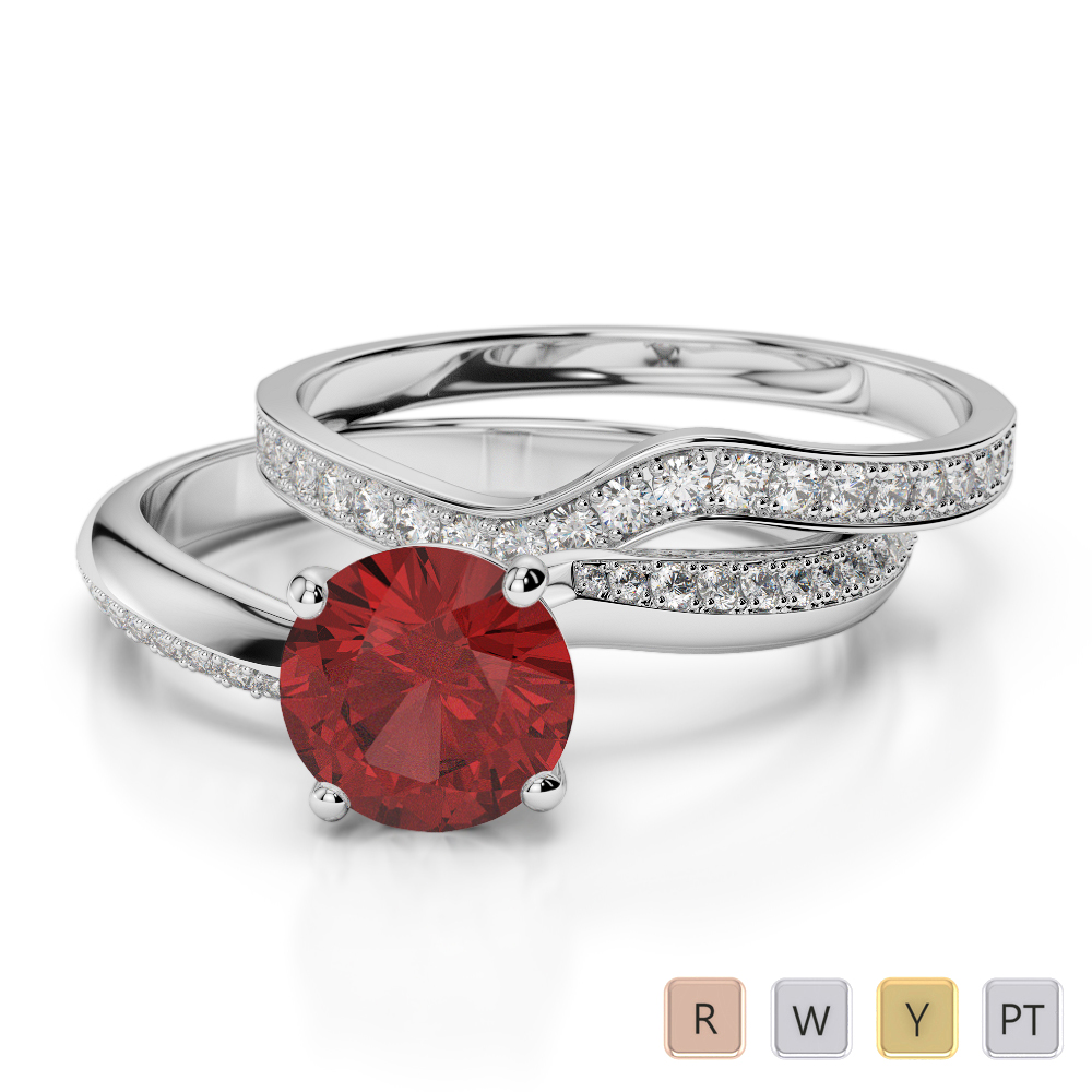 Gold / Platinum Round cut Garnet and Diamond Bridal Set Ring AGDR-2017
