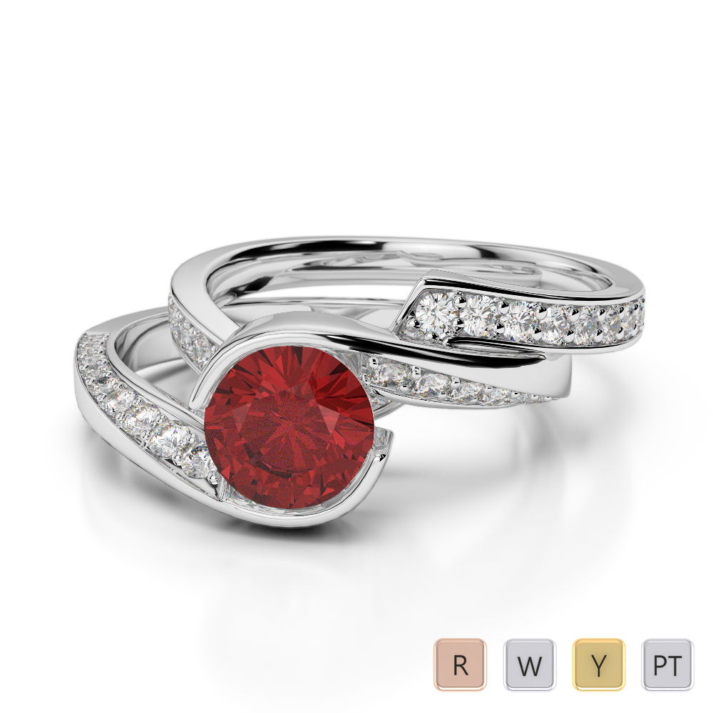 Gold / Platinum Round cut Garnet and Diamond Bridal Set Ring AGDR-2019