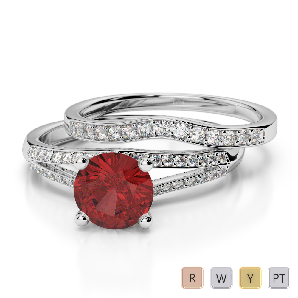 Gold / Platinum Round cut Garnet and Diamond Bridal Set Ring AGDR-2037