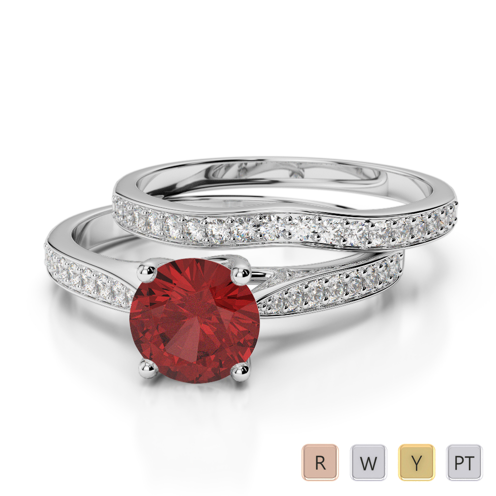 Gold / Platinum Round cut Garnet and Diamond Bridal Set Ring AGDR-2053