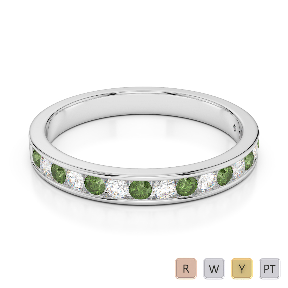 3 MM Gold / Platinum Round Cut Green Tourmaline and Diamond Half Eternity Ring AGDR-1090
