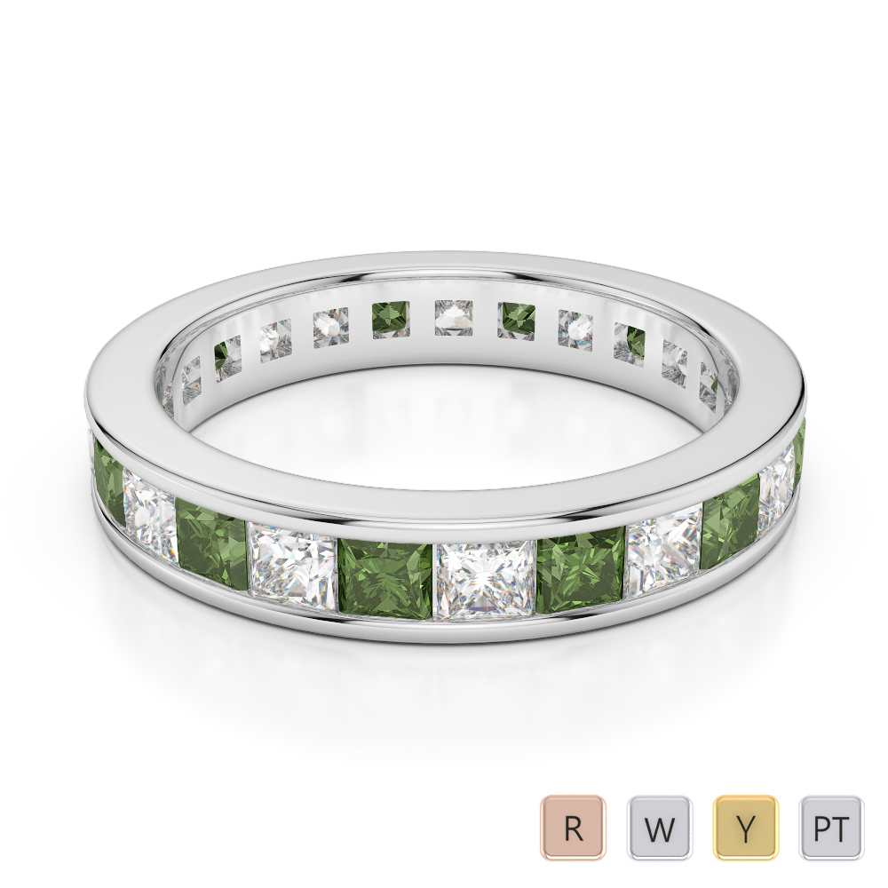 4 MM Gold / Platinum Princess Cut Green Tourmaline and Diamond Full Eternity Ring AGDR-1134