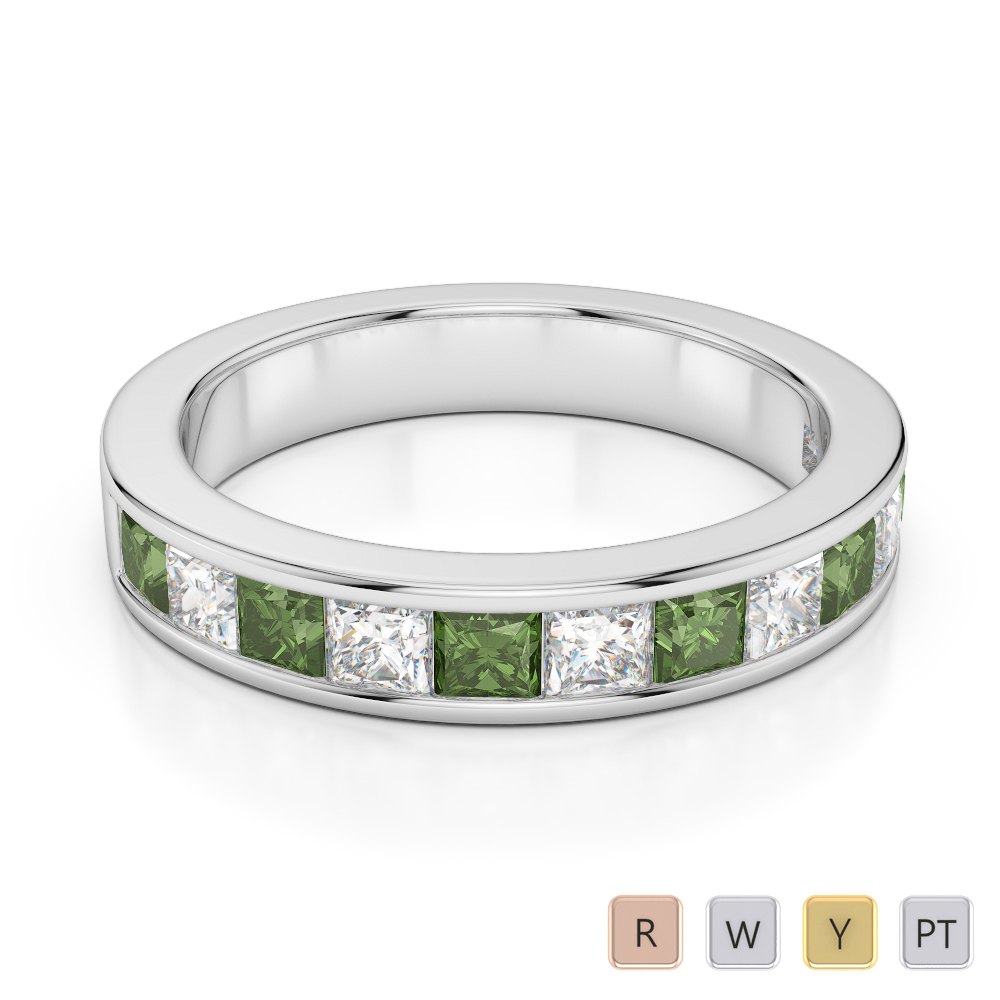 4 MM Gold / Platinum Princess Cut Green Tourmaline and Diamond Half Eternity Ring AGDR-1137