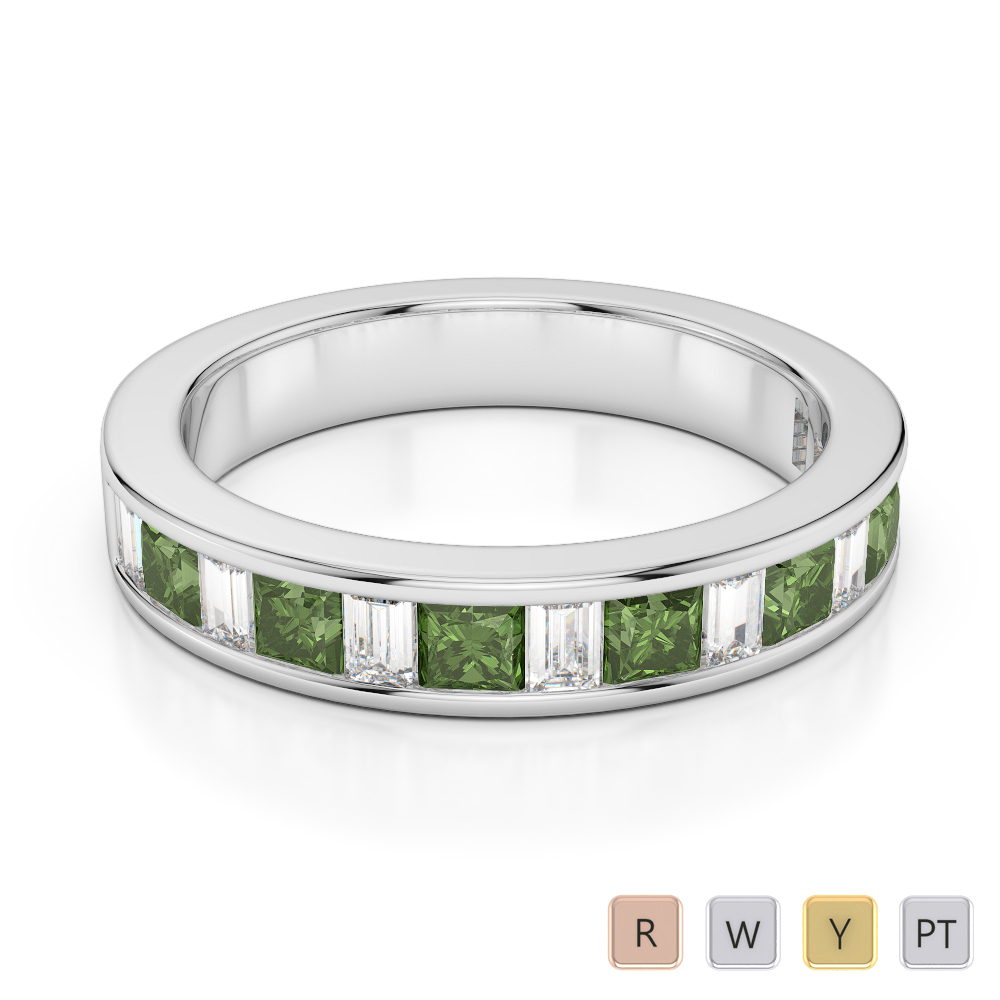 4 MM Gold / Platinum Princess and Baguette Cut Green Tourmaline and Diamond Half Eternity Ring AGDR-1143