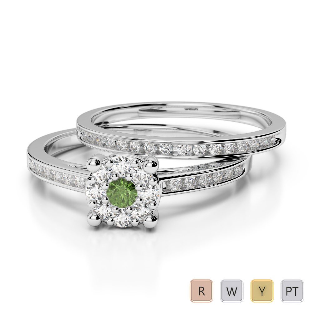 Gold / Platinum Round cut Green Tourmaline and Diamond Bridal Set Ring AGDR-1052