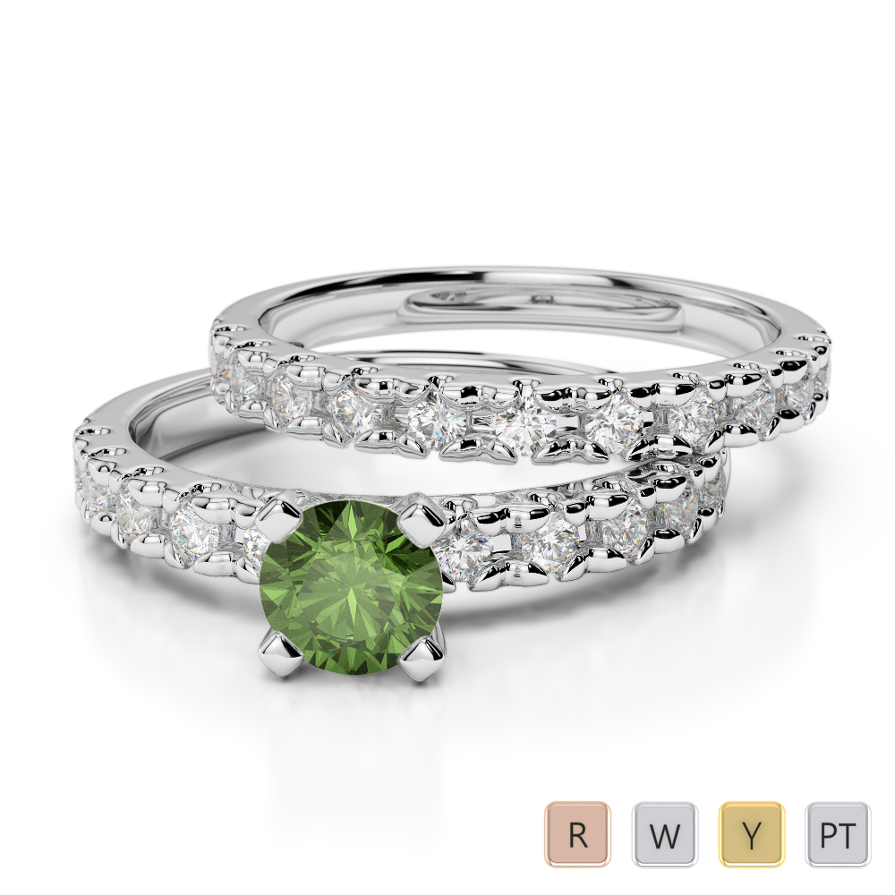 Gold / Platinum Round cut Green Tourmaline and Diamond Bridal Set Ring AGDR-1144