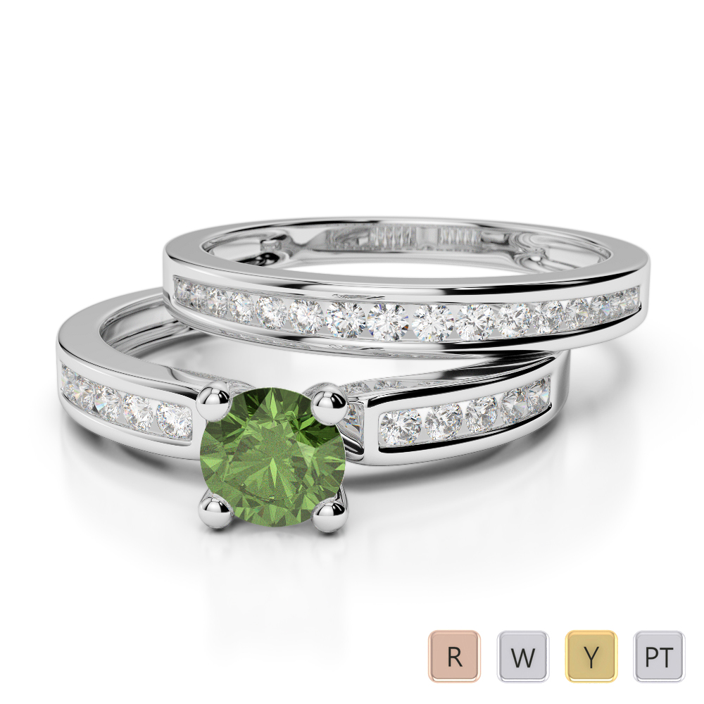 Gold / Platinum Round cut Green Tourmaline and Diamond Bridal Set Ring AGDR-1157