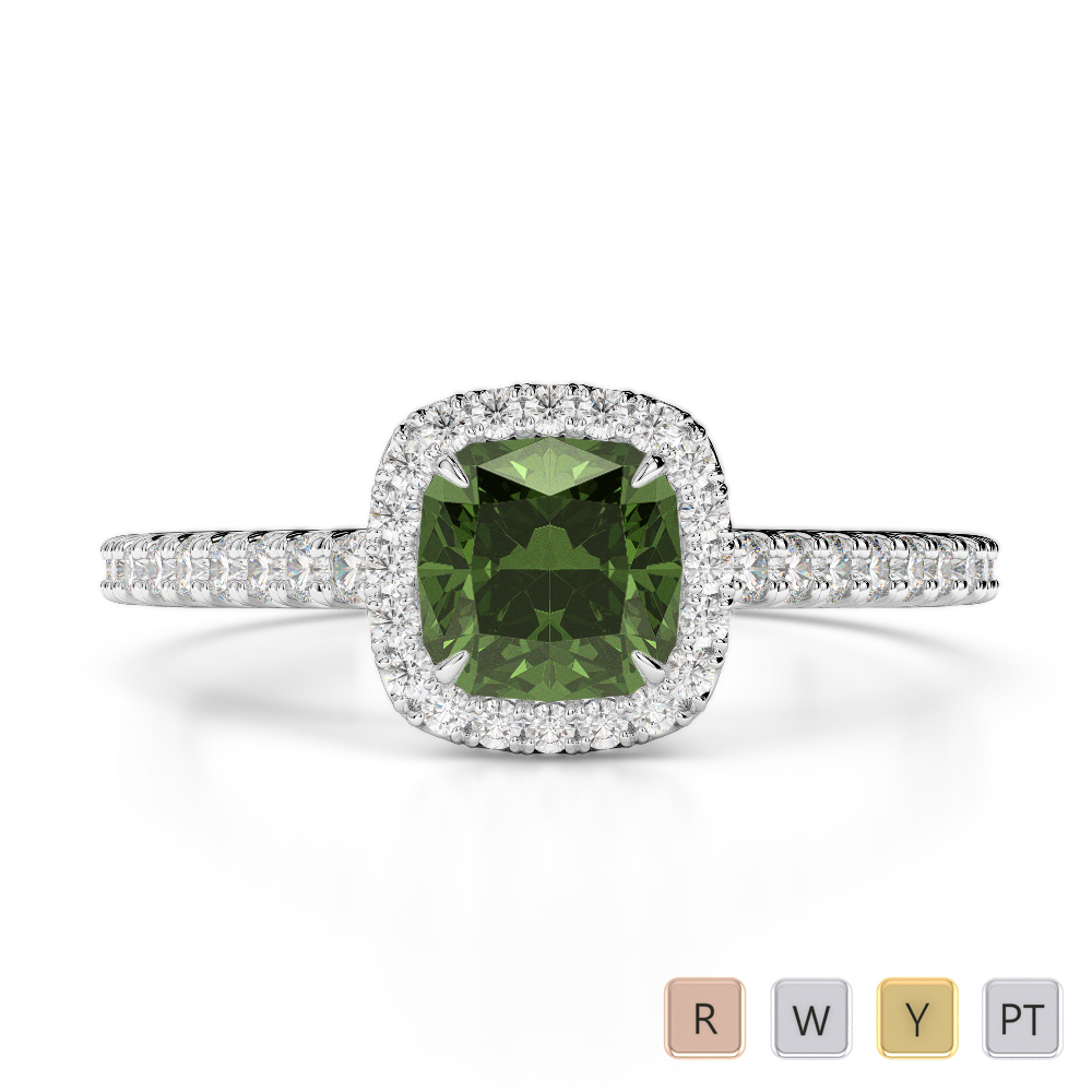 Gold / Platinum Round and Cushion Cut Green Tourmaline and Diamond Engagement Ring AGDR-1212