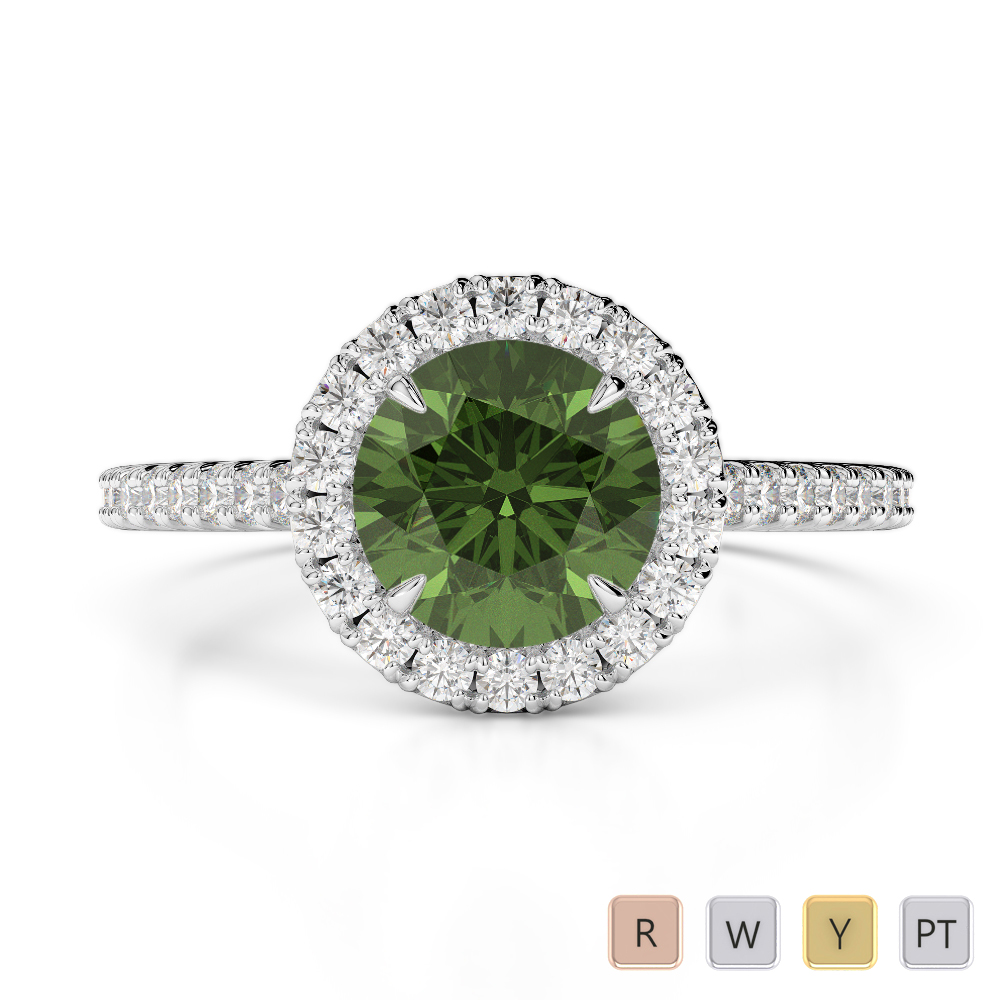 Gold / Platinum Round Cut Green Tourmaline and Diamond Engagement Ring AGDR-1215