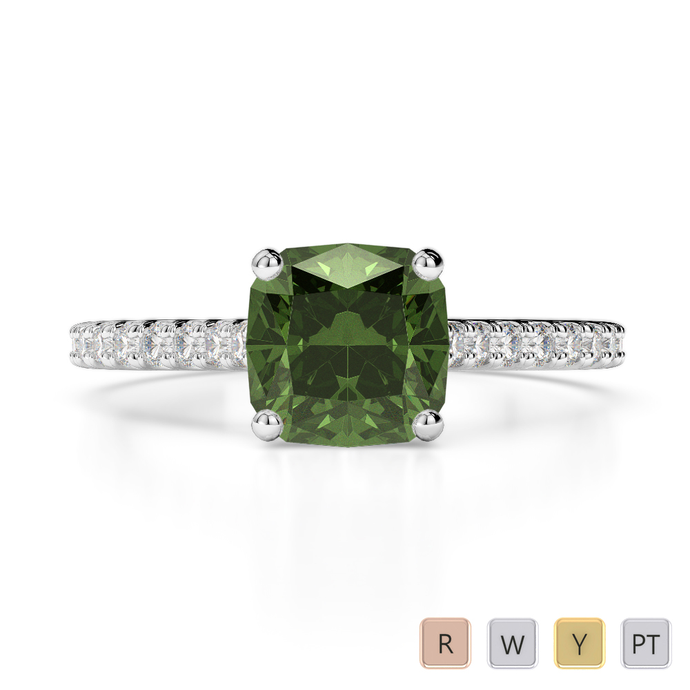 Gold / Platinum Round and Cushion Cut Green Tourmaline and Diamond Engagement Ring AGDR-1216