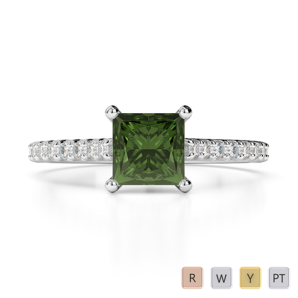 Gold / Platinum Round and Princess Cut Green Tourmaline and Diamond Engagement Ring AGDR-1217