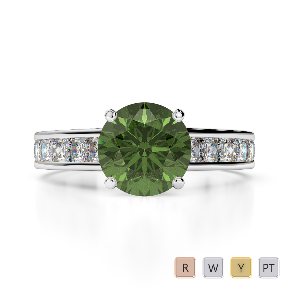 Gold / Platinum Round and Princess Cut Green Tourmaline and Diamond Engagement Ring AGDR-1224