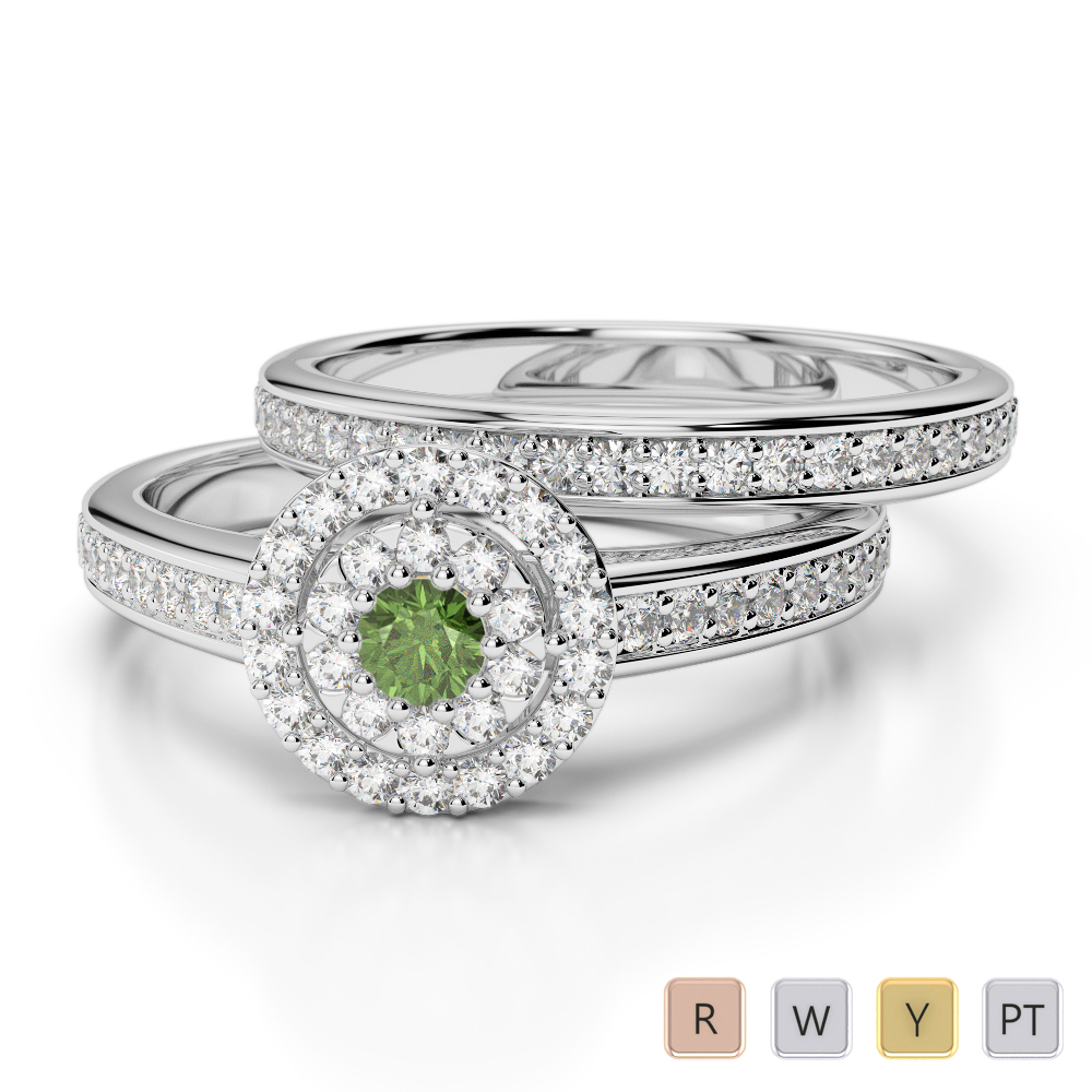 Gold / Platinum Round cut Green Tourmaline and Diamond Bridal Set Ring AGDR-1239