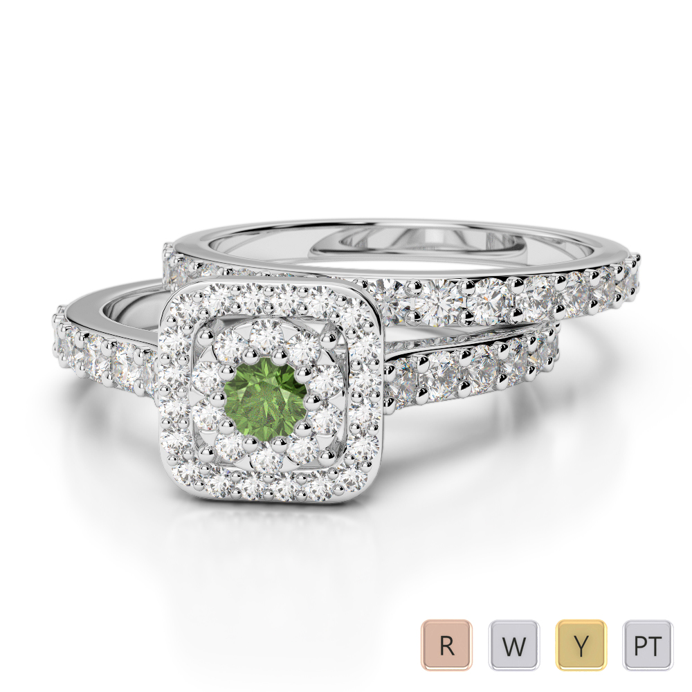 Gold / Platinum Round cut Green Tourmaline and Diamond Bridal Set Ring AGDR-1246