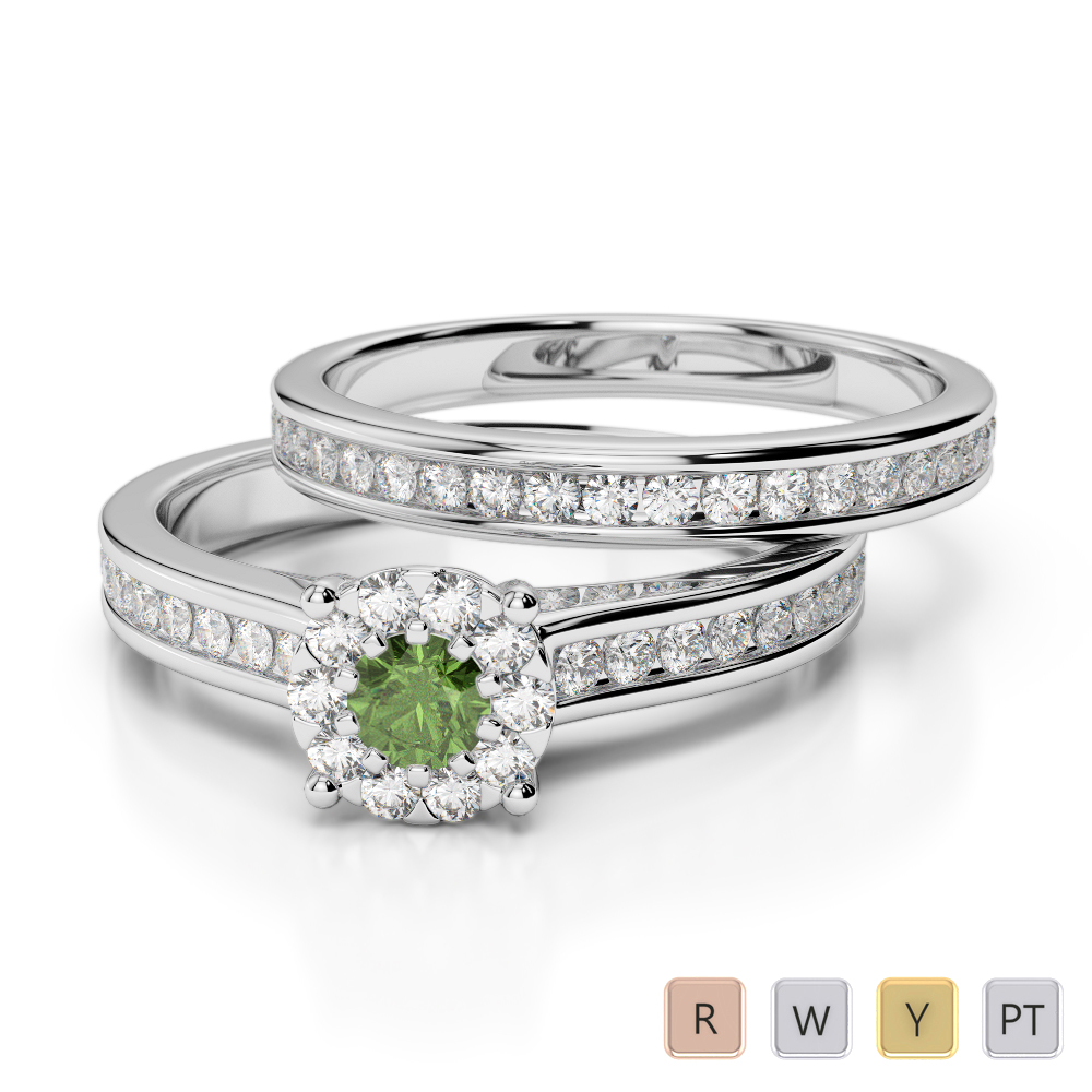 Gold / Platinum Round cut Green Tourmaline and Diamond Bridal Set Ring AGDR-1339