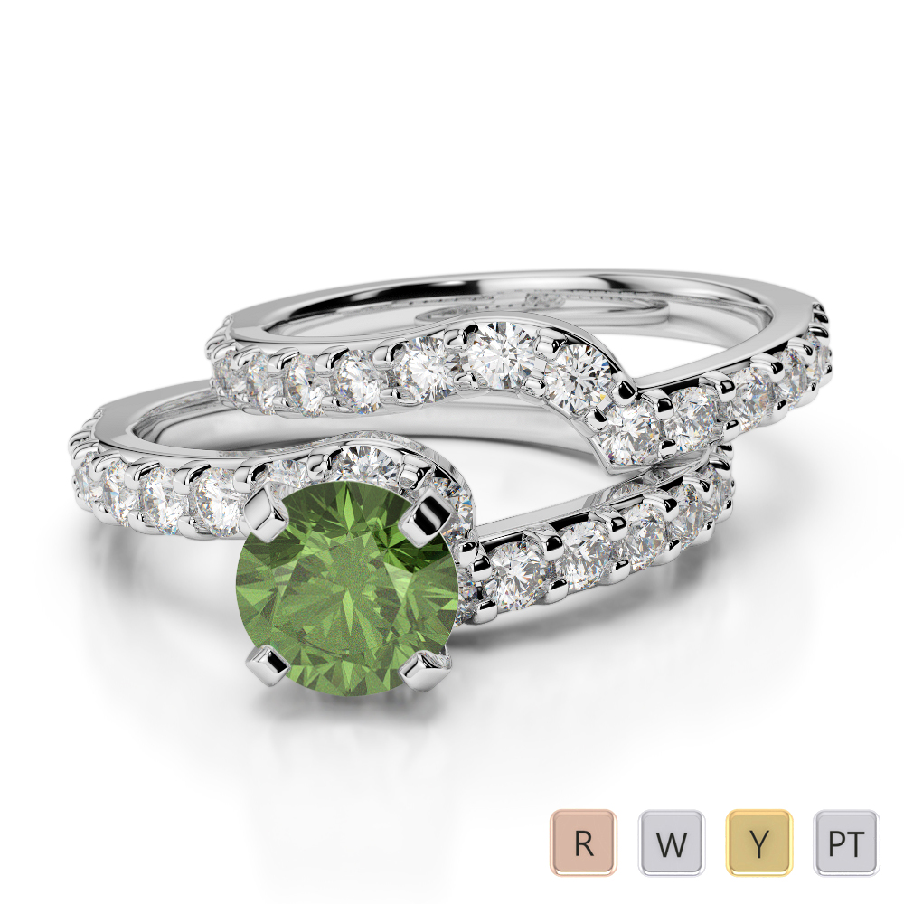 Gold / Platinum Round cut Green Tourmaline and Diamond Bridal Set Ring AGDR-2003