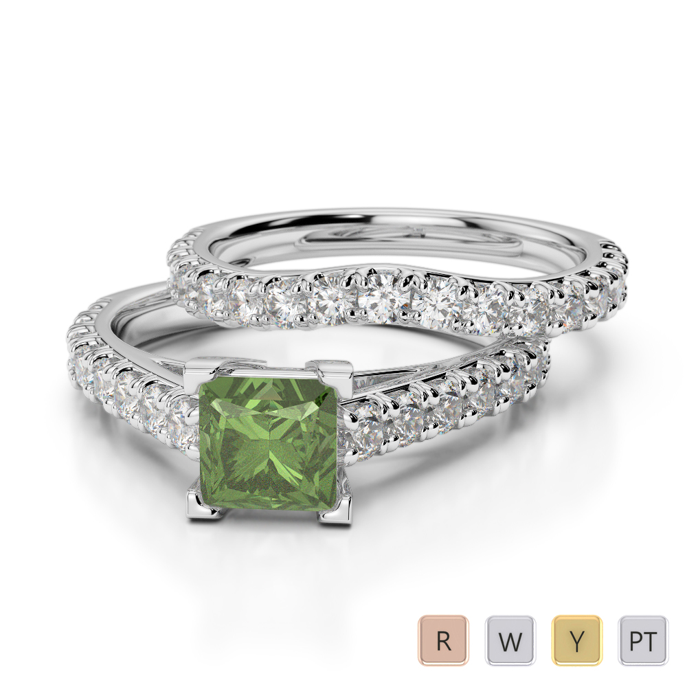 Gold / Platinum Round and Princess cut Green Tourmaline and Diamond Bridal Set Ring AGDR-2007
