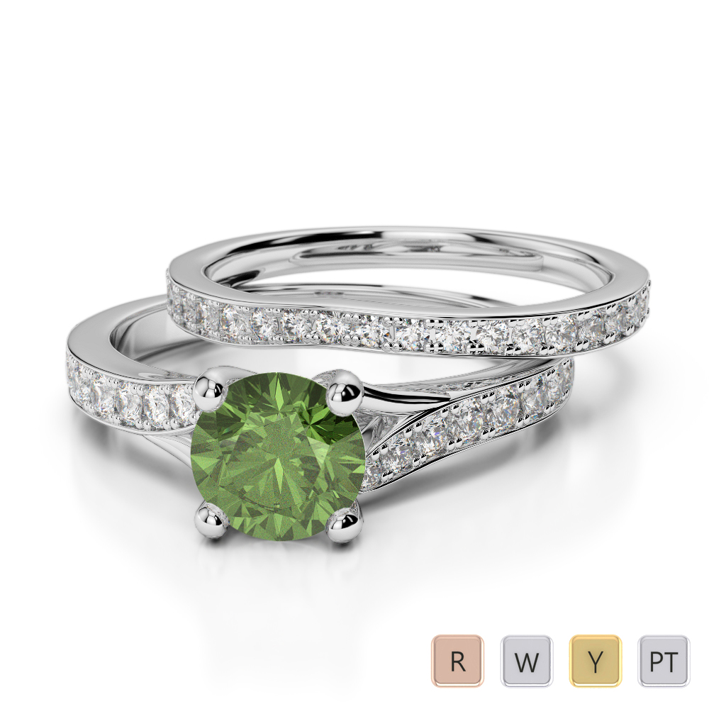 Gold / Platinum Round cut Green Tourmaline and Diamond Bridal Set Ring AGDR-2011