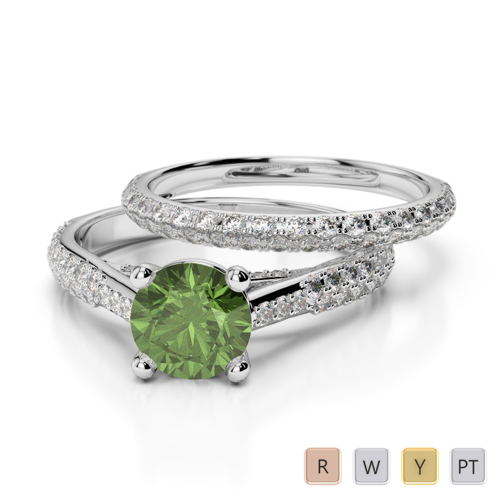 Gold / Platinum Round cut Green Tourmaline and Diamond Bridal Set Ring AGDR-2013