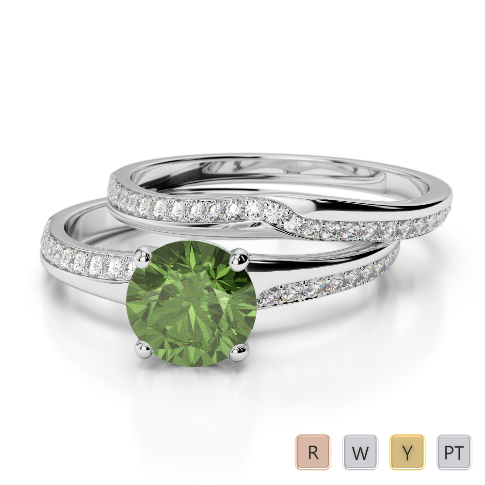Gold / Platinum Round cut Green Tourmaline and Diamond Bridal Set Ring AGDR-2015
