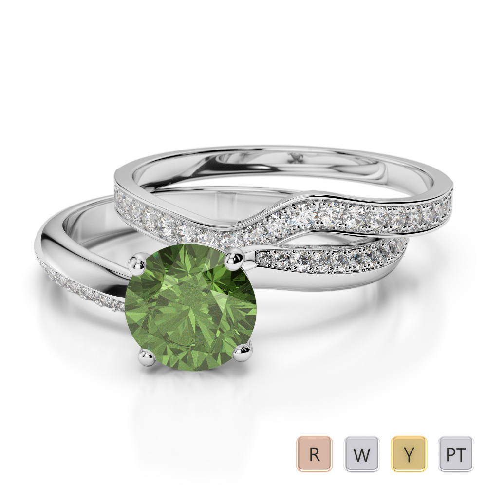 Gold / Platinum Round cut Green Tourmaline and Diamond Bridal Set Ring AGDR-2017