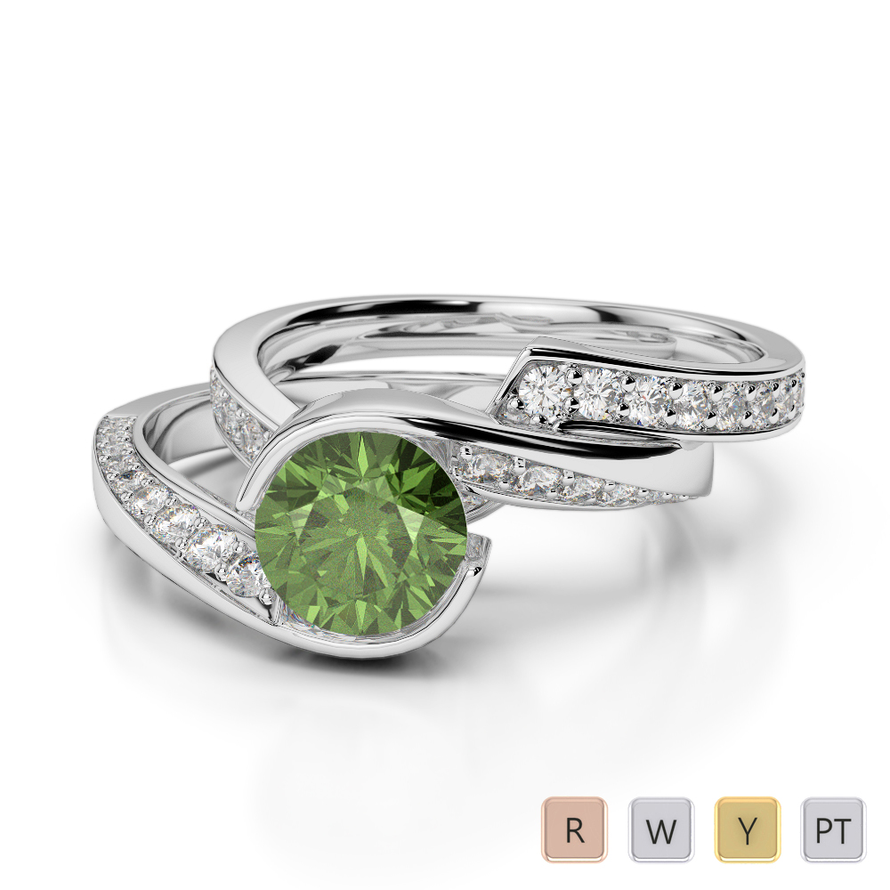 Gold / Platinum Round cut Green Tourmaline and Diamond Bridal Set Ring AGDR-2019
