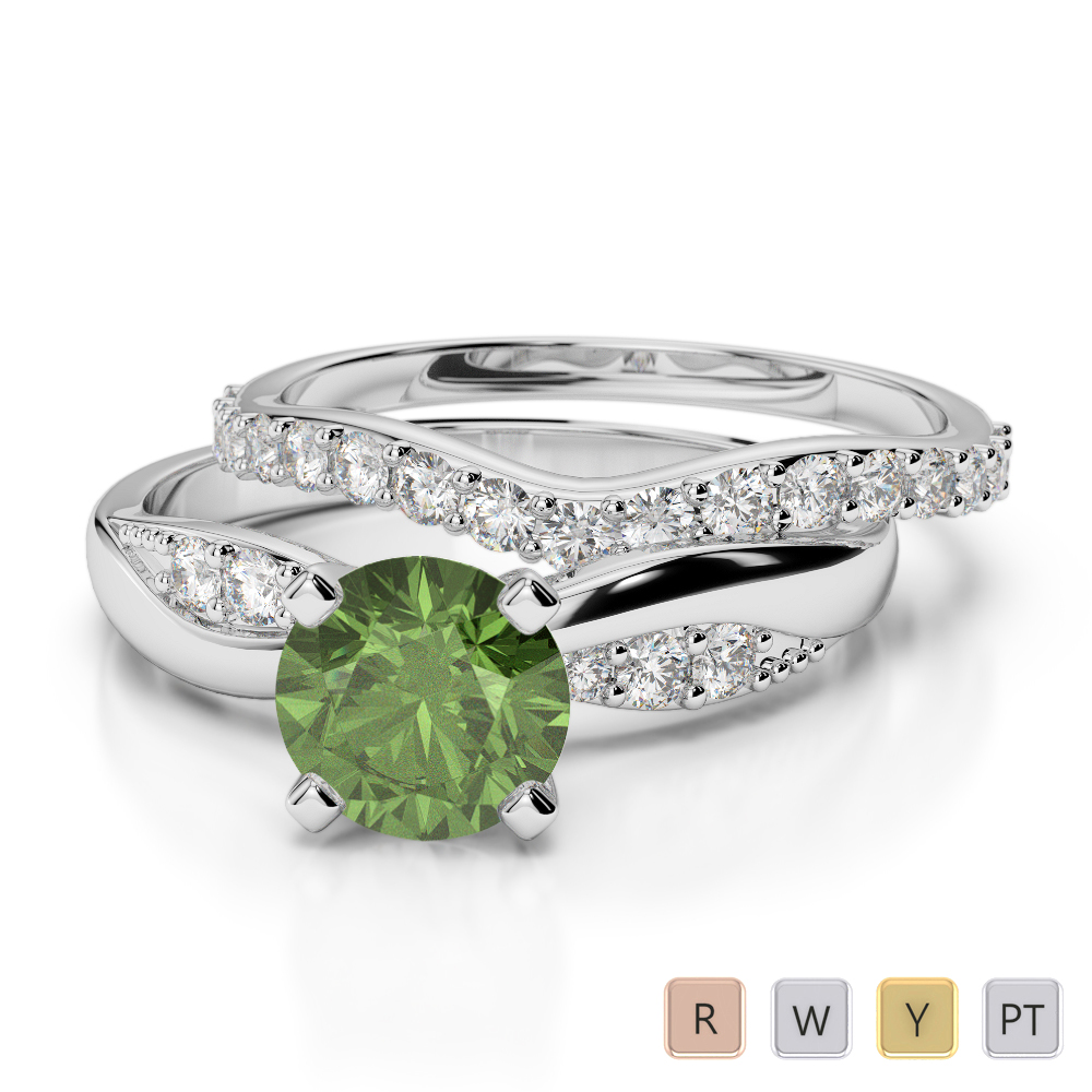 Gold / Platinum Round cut Green Tourmaline and Diamond Bridal Set Ring AGDR-2023