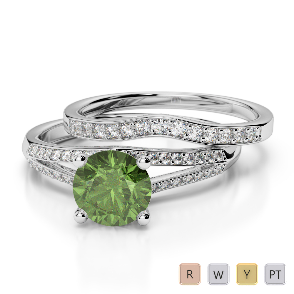 Gold / Platinum Round cut Green Tourmaline and Diamond Bridal Set Ring AGDR-2037
