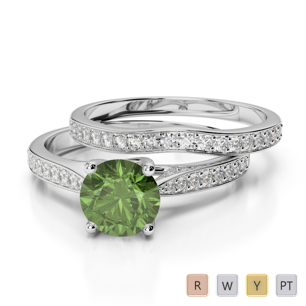 Gold / Platinum Round cut Green Tourmaline and Diamond Bridal Set Ring AGDR-2053