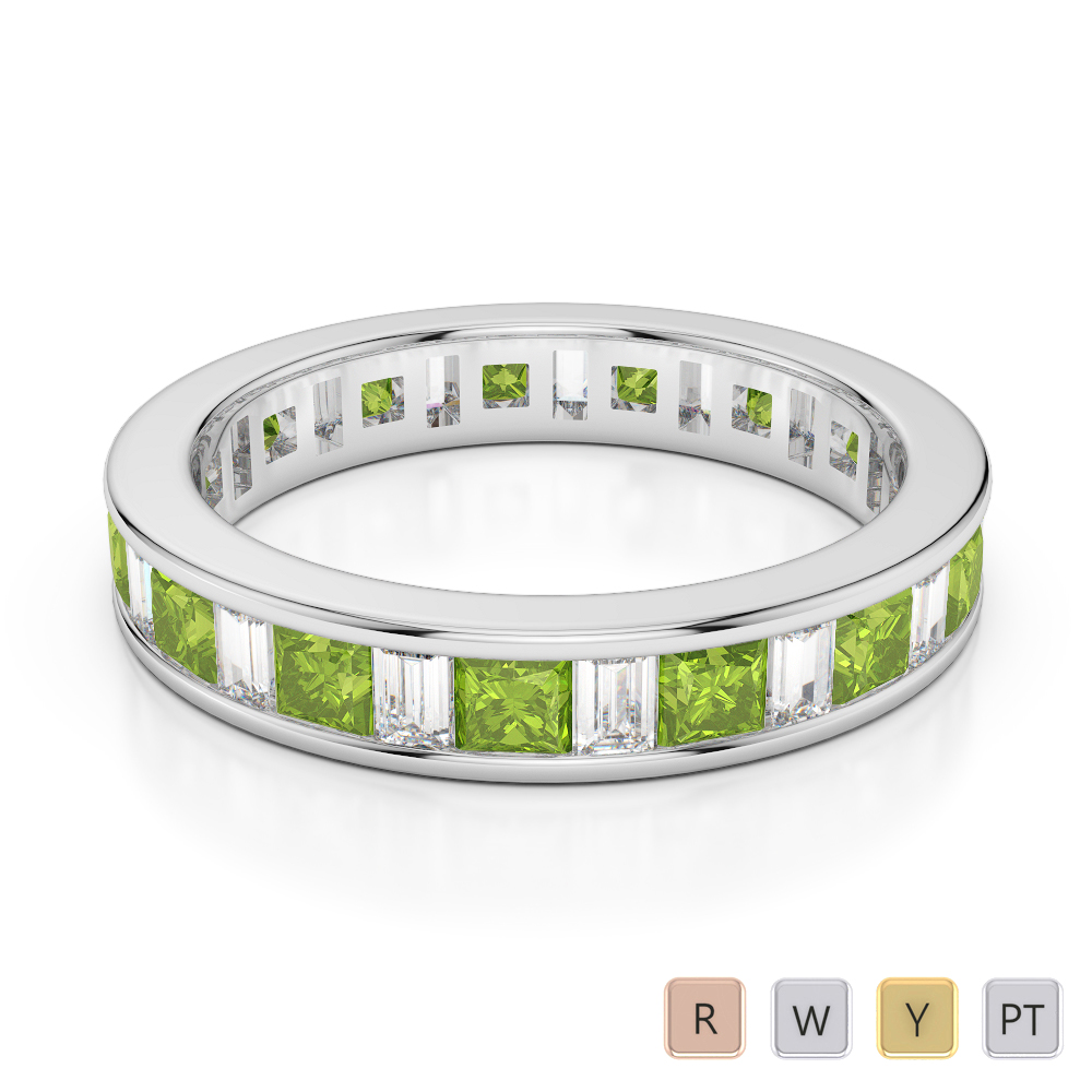 4 MM Gold / Platinum Princess and Baguette Cut Peridot and Diamond Full Eternity Ring AGDR-1141