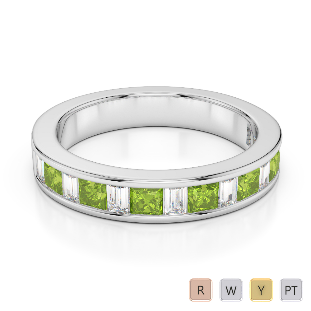 4 MM Gold / Platinum Princess and Baguette Cut Peridot and Diamond Half Eternity Ring AGDR-1143