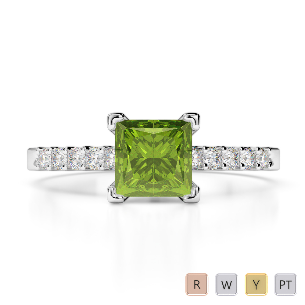Gold / Platinum Round and Princess Cut Peridot and Diamond Engagement Ring AGDR-1210